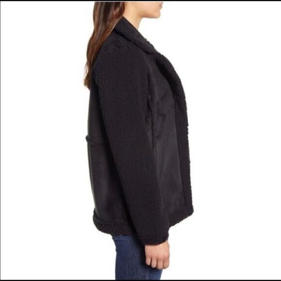 Caslon Black Faux Shearling Open Front Notched Lapel Collar Coat Jacket - Picture 2 of 10